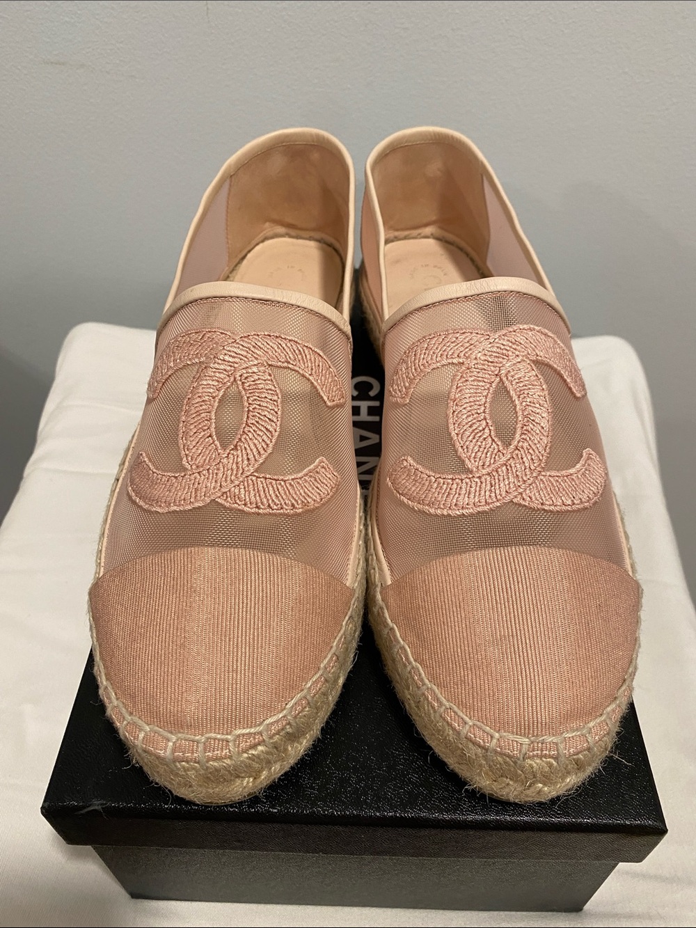 CHANEL Blush Pink Espadrille Slip-Ons with Signature CC
